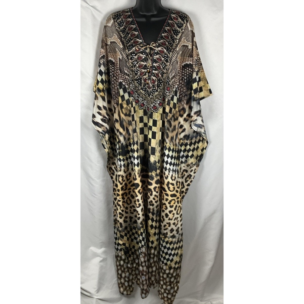 Sakkas Women's OS Georgettina Kaftan Animal Print Rhinestone Open Sides NWT